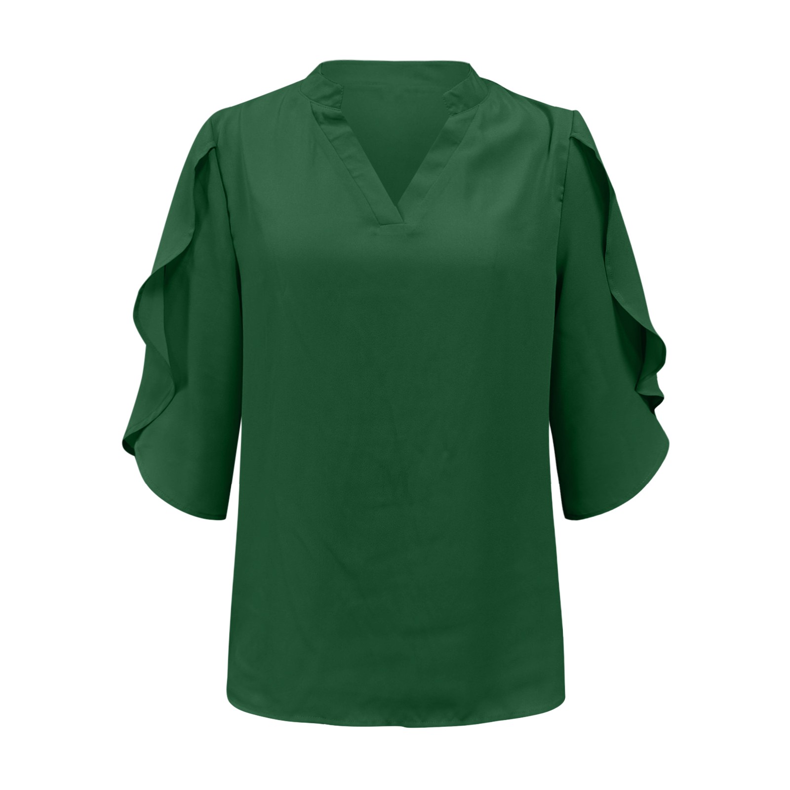 thumbnail image 4 of Nuevos tops de manga petal para mujer: blusa holgada de gasa con cuello en V y detalles plisados, mangas tres cuartos para el trabajo en verano o salidas informales., 4 of 5